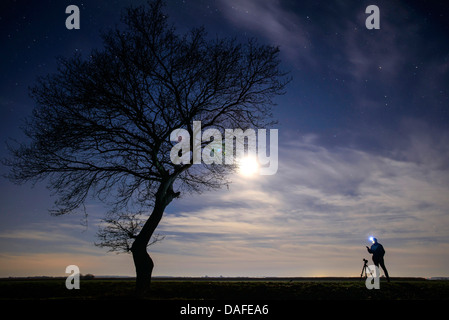 Struttura ad albero singolo e fotografo al chiaro di luna Foto Stock