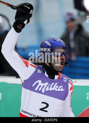 Jean-Baptiste Grange di Francia festeggia dopo aver vinto la Slalom Speciale maschile a Campionati del Mondo di sci a Garmisch-Partenkirchen, in Germania, il 20 febbraio 2011. Stephan Jansen Foto Stock