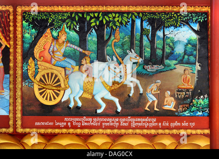 Murale religiosa al Wat Preah Prom Rath, Siem Reap, Cambogia Foto Stock