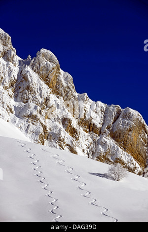 Due ski-runner' le tracce una coperta di neve pendio di fronte ad una parete di roccia e cielo blu chiaro al passaggio della Ruchere in Chartreuse parco naturale, Francia, Isere Foto Stock