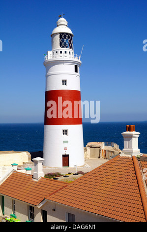 Rosso-bianco faro in piedi in Europa Point, il più meridionale punto di Gibraltar, Gibraltar Trinità Lighthouse, Gibilterra Foto Stock