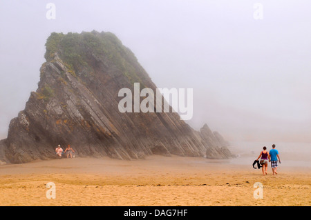 Roccia sulla spiaggia sabbiosa di nebbia, Regno Unito, Galles Pembrokeshire, Tenby Foto Stock