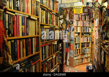 Ripiani di vecchio e di libri usati presso la relazione mondiale bookstore e memorabilia shop a Göteborg, Svezia Foto Stock