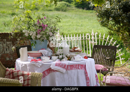 Prato in giardino di campagna con vaso di fiori d'estate sul tavolo con la brocca e il campo da bocce e panno di lino bianco orlato di rosso Foto Stock