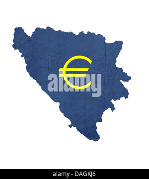 Valuta Europea simbolo sulla mappa di Bosnia ed Erzegovina isolati su sfondo bianco. Foto Stock