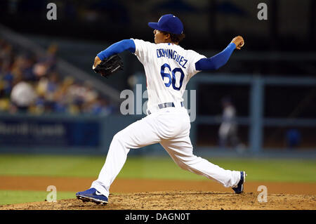 Los Angeles, California, USA. 12 Luglio, 2013. Luglio 12, 2013 a Los Angeles, California - Los Angeles Dodgers relief pitcher Jose Dominguez (60) passi durante il Major League Baseball gioco tra il Colorado Rockies e il Los Angeles Dodgers al Dodger Stadium il 12 luglio 2013 a Los Angeles, California. Rob Carmell/CSM/Alamy Live News Foto Stock