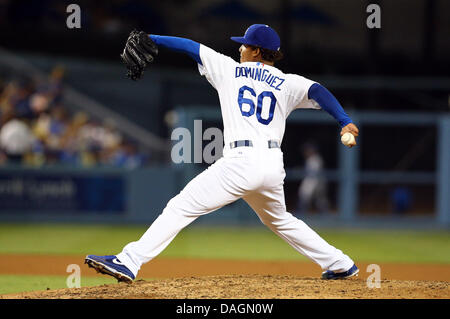 Los Angeles, California, USA. 12 Luglio, 2013. Luglio 12, 2013 a Los Angeles, California - Los Angeles Dodgers relief pitcher Jose Dominguez (60) passi durante il Major League Baseball gioco tra il Colorado Rockies e il Los Angeles Dodgers al Dodger Stadium il 12 luglio 2013 a Los Angeles, California. Rob Carmell/CSM/Alamy Live News Foto Stock