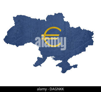 Valuta Europea simbolo sulla mappa di Ucraina isolati su sfondo bianco. Foto Stock