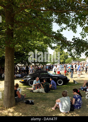 Goodwood, West Sussex, Regno Unito. 13 luglio 2013. La folla godetevi il sole al ventesimo Goodwood Festival of Speed, un unico fine settimana estivo di popolari motor sport e cultura auto su Sabato 13 Luglio 2013 a Goodwood, West Sussex, in Inghilterra, Regno Unito - il ventesimo anniversario di questa grande manifestazione popolare Credito: Duncan Vere verde/Alamy Live News Foto Stock