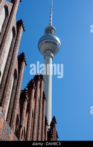 Fernsehturm Torre della TV e di parte di Marienkirche in primo piano Mitte Berlino Germania Foto Stock