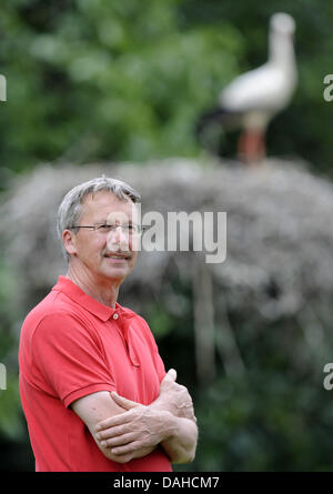 Berna, Germania. 04 Luglio, 2013. Udo Hilfers, manager della cicogna struttura di cura Wesermarsch fornisce una introduzione sulla vita delle cicogne e protezione della natura per i visitatori della struttura nei pressi di Berna, Germania, 04 luglio 2013. La maggior parte delle cicogne presso la struttura che è stata fondata nel 1992 restare temporaneamente; solo alcuni di loro hanno bisogno di essere prese in considerazione per un periodo di tempo più lungo. Foto: INGO WAGNER/dpa/Alamy Live News Foto Stock