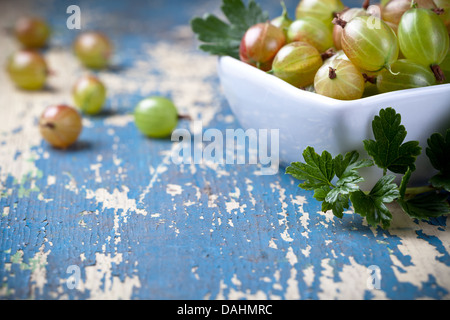 Uva spina nella ciotola con foglie sul vecchio tavolo sfondo, spazio di copia Foto Stock