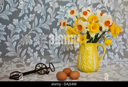 Contenitore colorato di primavera fiori di Daffodil in una caraffa gialla, immagini antiche melanzane, tre uova marrone contro tenda di merletto, New Jersey USA US Foto Stock