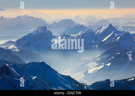 Vista dal Saentis (2502 m) sull Alpstein prima del tramonto, Svizzera, Appenzeller Alpen Foto Stock