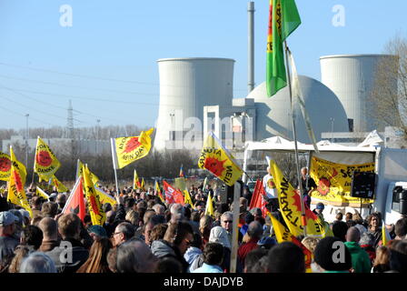 (FILE) un archivio foto datata 20 marzo 2011 mostra il nucleare avversari dimostrando con striscioni e bandiere di una centrale nucleare di Biblis, Repubblica federale di Germania. Circa il 70 per cento dei tedeschi a opporsi a una fase nucleare-out se il nucleare dovrà essere acquistato all'estero, secondo un sondaggio di opinione istituto di ricerca YouGov a Colonia per la Deutsche Presse Agentur (tedesco Pres Foto Stock