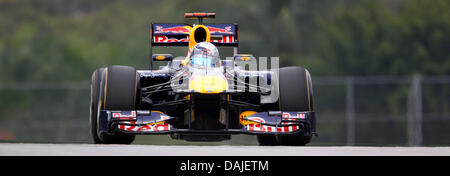 Tedesco di Formula Uno pilota Sebastian Vettel della Red Bull manzi la sua vettura durante la sessione di qualifiche sul circuito di Sepang, al di fuori di Kuala Lumpur, Malesia, 09 aprile 2011. Il Gran Premio di Formula Uno di Malesia avrà luogo il 10 aprile 2011. Foto: Jens Buettner dpa Foto Stock