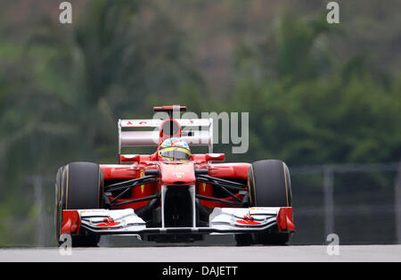 Spagnolo di Formula Uno Pilota Fernando Alonso della Ferrari manzi la sua vettura durante la sessione di qualifiche sul circuito di Sepang, al di fuori di Kuala Lumpur, Malesia, 09 aprile 2011. Il Gran Premio di Formula Uno di Malesia avrà luogo il 10 aprile 2011. Foto: Jens Buettner dpa Foto Stock