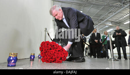 Il primo ministro lo stato federale tedesco della Baviera Horst Seehofer stabilisce i fiori sul sito del 24 gennaio 2011 attentato terroristico all aeroporto internazionale di Domodedovo a Mosca, Russia, 10 aprile 2011. Signor Seehofer si è recata a Mosca e San Pietroburgo. Foto: PETER KNEFFEL Foto Stock