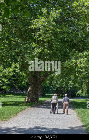 Coppia di anziani di passeggiare nel parco, donna usando un camminatore di laminazione o rollator Foto Stock