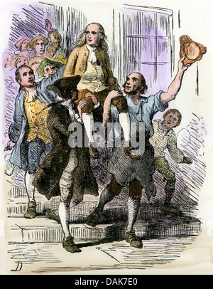 John Peter Zenger celebra la sua assoluzione dopo prova per diffamazione, coloniale di New York City, 1735. Colorate a mano la xilografia di Darley illustrazione Foto Stock