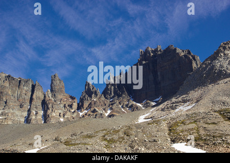 Vista da nord-ovest a Cerro Castillo sopra Campamento Nueva Zelandes, Cile, Patagonia Foto Stock