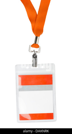 Plastica Id porta badge con laccio arancione isolato su bianco Foto Stock