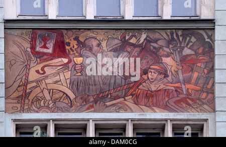 Praga, Repubblica Ceca. Dettaglio della facciata sull'edificio in Jecna no 10. Battaglia di Praga 25 luglio - 1 novembre 1648) ultima azione dei trent'anni Foto Stock