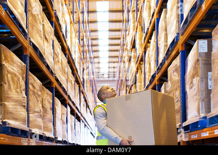 Lavoratore scatola portante in magazzino Foto Stock