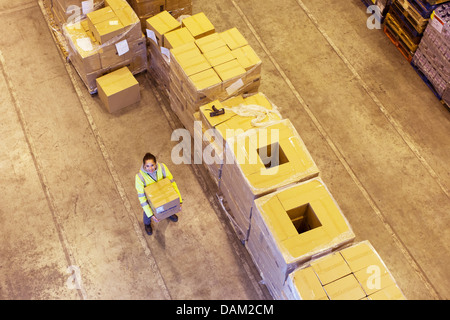 Lavoratore scatola portante in magazzino Foto Stock