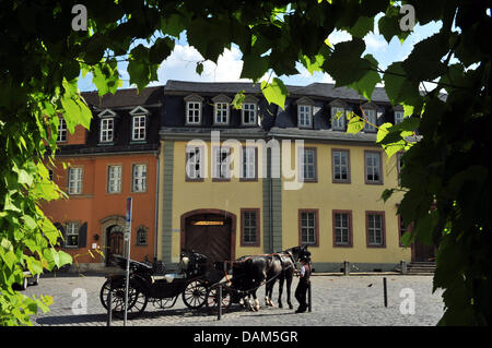 Un carrello si trova di fronte il Goethe Museo Nazionale e Goethe a casa Frauenplan a Weimar, Germania, 19 maggio 2011. L industria turistica del Land Turingia si aspetta buone vendite in estate. Foto: Martin Schutt Foto Stock