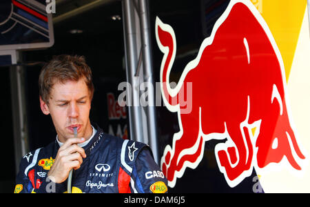 Tedesco di Formula Uno pilota Sebastian Vettel della Red Bull Racing bevande durante la prima sessione di prove libere sul circuito cittadino di Montecarlo, Monaco, 26 maggio 2011. Il Grand Prix di Formula 1 di Monaco ha luogo il 29 maggio. Foto: Jens Buettner dpa Foto Stock