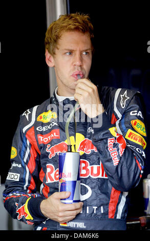 Tedesco di Formula Uno pilota Sebastian Vettel della Red Bull Racing bevande durante la prima sessione di prove libere sul circuito cittadino di Montecarlo, Monaco, 26 maggio 2011. Il Grand Prix di Formula 1 di Monaco ha luogo il 29 maggio. Foto: Jens Buettner Foto Stock
