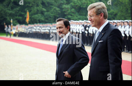 Presidente federale tedesco Christian Wulff (r) e il Sultano del Brunei, Haji Hassanal Bolkiah, a piedi passato della Guardia d'onore al castello di Bellevue di Berlin, Germania, 8 giugno 2011. Il sultano attualmente visite Berlino per consultazioni politiche. Foto: Annibale Foto Stock