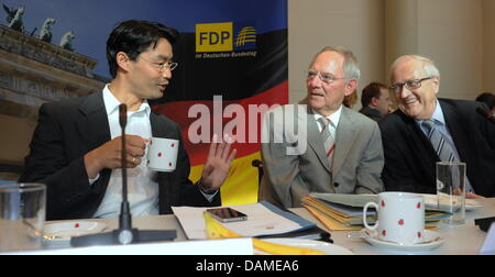 Il Ministro tedesco delle Finanze Wolfgang Schaeuble (m) parla al Ministro tedesco per l'economia Philipp Roesler (l) e il capo del partito liberale Bundestag frazione Rainer Bruederle all'inizio di un partito liberale frazione incontro a Berlino (Germania), 8 giugno 2011. Schaeuble ha informato la parte deputati del partito liberale sulla attuale situazione finanziaria in Grecia. P Foto Stock