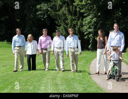 Il Granduca Henri (L-R), Granduchessa Maria Teresa, Principe Sebastien, Principe Guillaume Principe Louis, Princess Tessy, principe Felix e Gabriel del Lussemburgo costituiscono per i media a Chateau de Berg in Colmar-Berg, Lussemburgo, 27 giugno 2011. Foto: Albert Nieboer (PAESI BASSI) Foto Stock