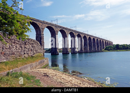 Il Royal ponte di frontiera a Berwick-upon-Tweed in Inghilterra con direzione sud est della costa del treno elettrico che passa al di sopra Foto Stock