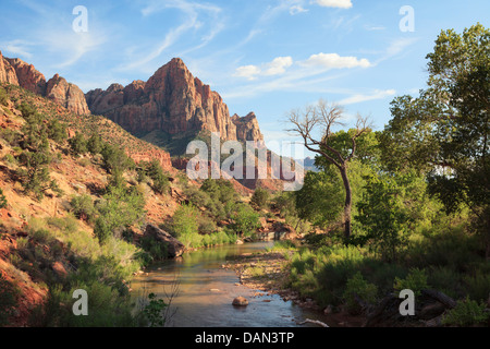 Stati Uniti d'America, Utah, Parco Nazionale Zion, sentinella di montagna e fiume vergine Foto Stock
