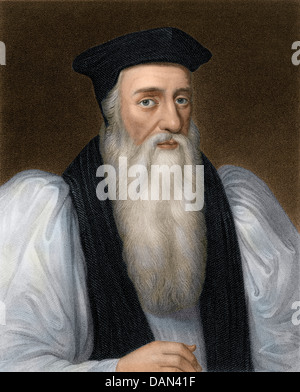 Thomas Cranmer, Arcivescovo di Canterbury eseguito per eresia sotto Maria I. colorato digitalmente incisione in acciaio Foto Stock