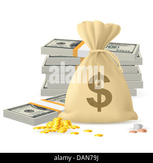 Pile di denaro sotto forma di contanti e monete d'oro, con il sacco di denaro Foto Stock