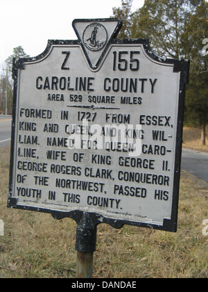 CAROLINE COUNTY Area 529 miglia quadrate formata nel 1727 da Essex, King e Queen e King William. Chiamato per la regina Carolina, moglie del re George II. George Rogers Clark, conquistatore del nordovest, passò la sua gioventù in questa contea. Virginia conservazione Commissione, 1945 Foto Stock