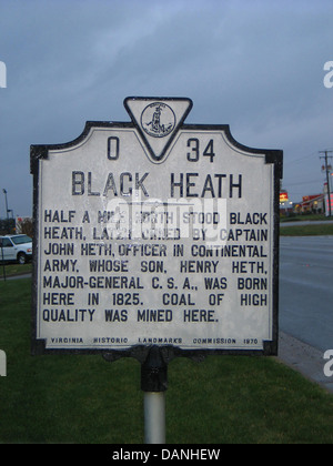 BLACK HEATH a mezzo miglio a nord sorgeva Black Heath, seguito proprietà dal capitano John Heth, ufficiale di esercito continentale, il cui figlio, Henry Heth, General Maggiore C.S.A., qui nacque nel 1825. Il carbone di alta qualità è stata minata qui. Virginia Monumenti Storici Commissione, 1970. Foto Stock