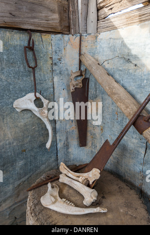 Macellerie vecchi strumenti e le ossa sulla vecchia fattoria australiana. Foto Stock