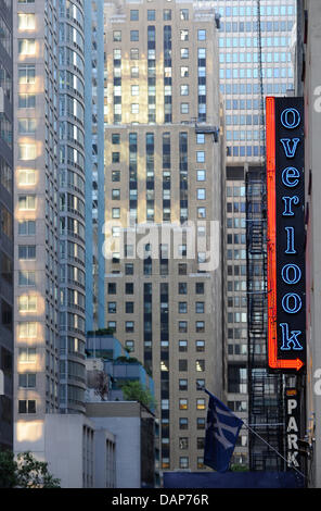 Vista della città di New York - La skyscapers di Manhattan con l'iscrizione "si affacciano sull' sono ritratte in New York, Stati Uniti d'America, 13 luglio 2011. Foto: Soeren Stache Foto Stock