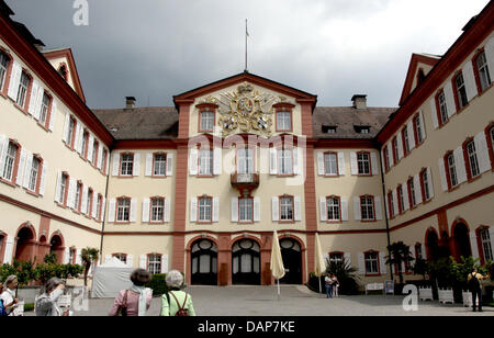 I visitatori dell'isola floreale di Mainau sul lago di Costanza, visitare il cortile interno del castello di Konstanz, Germania, 30 giugno 2011. Il Castello dell'Ordine Teutonico è stato costruito secondo un disegno di Johann Caspar Bagnatos e sotto la sua direzione dal 1739 fino al 1746. L'isola appartiene a Konstanz ed è in possesso svedese della famiglia aristocratica Bernadotte. Foto: Peter Z Foto Stock