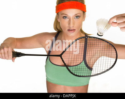 Studio ritratto femminile di badminton player Foto Stock
