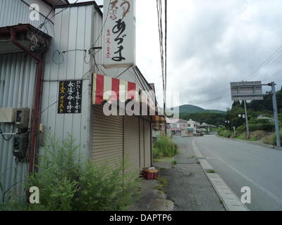 Strade e case sono vuote a 28 chilometri al largo di Fukushima nel evacuato città di Katsurao, Giappone, 27 agosto 2011. Sei mesi fa, il terremoto che ha colpito il Giappone e la nazione è ancora soffrono per le sue ripercussioni. Il credere nello stato e i politici diminuisce. Il popolo dal Giappone inizia a contare sulla loro propria alimentazione. Foto: Lars Nicolaysen Foto Stock