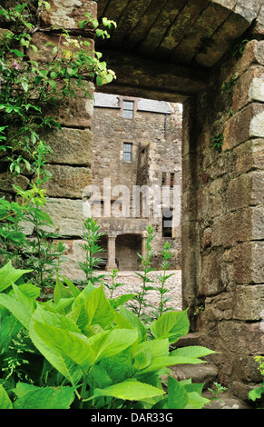 Guardando attraverso una porta nel cortile del castello di Campbell, Dollar Glen, Clackmannanshire, Scozia Foto Stock