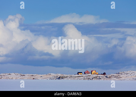 Case isolate a Borgvag / Borgvåg nella neve in inverno, Vestvågøya / Vest-Vågøy, Nordland, Lofoten, Norvegia e Scandinavia Foto Stock