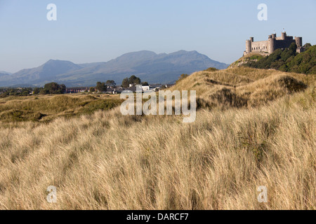 Città di Harlech, Galles. Le dune di sabbia della spiaggia di Harlech con Harlech Castle e il Parco Nazionale di Snowdonia in background. Foto Stock