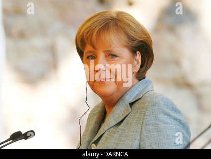 Angela Merkel, il cancelliere tedesco si vede durante una conferenza stampa durante un incontro Hispano-German tenutasi a Mallorca, Spagna. pol Foto Stock